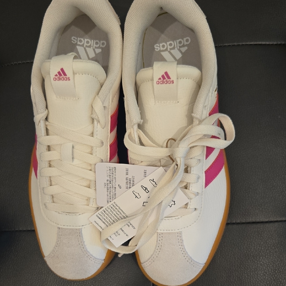 adidas Women's Cream Sneakers with Pink Stripes and Gum Sole - Picture 2 of 5